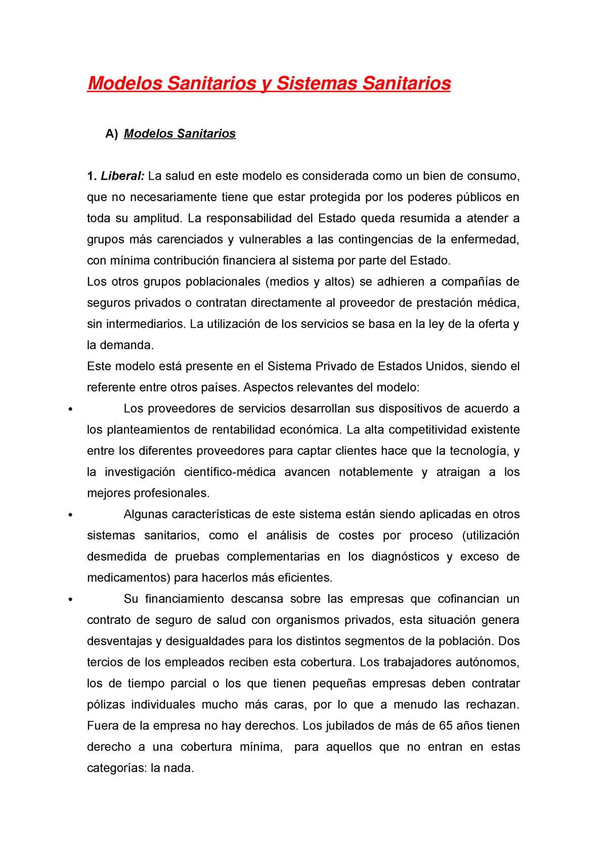 Modelos Sanitarios y Sistemas Sanitarios - ** Liberal: - Studocu