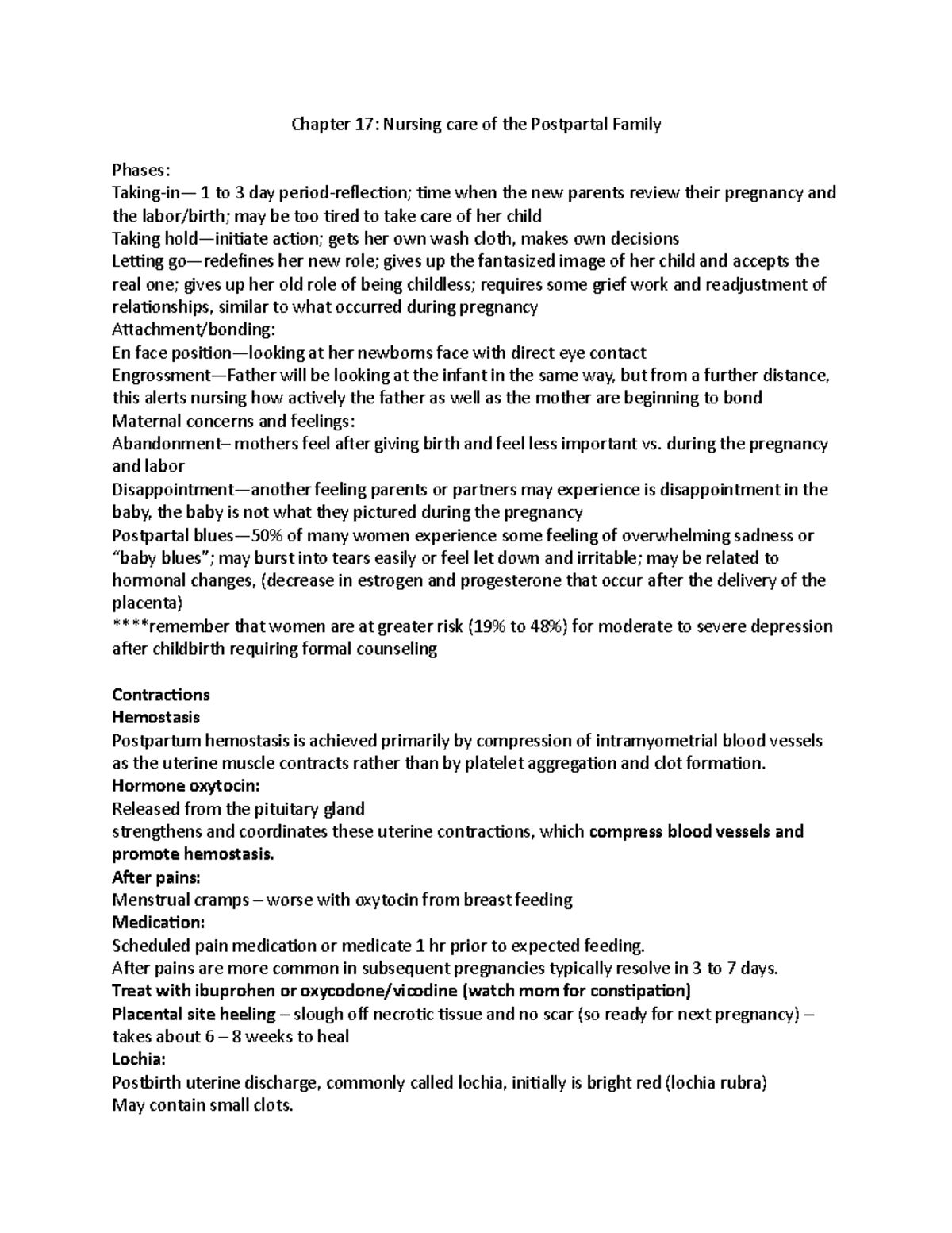 NRSG 206 OB Final notes - Chapter 17: Nursing care of the Postpartal ...