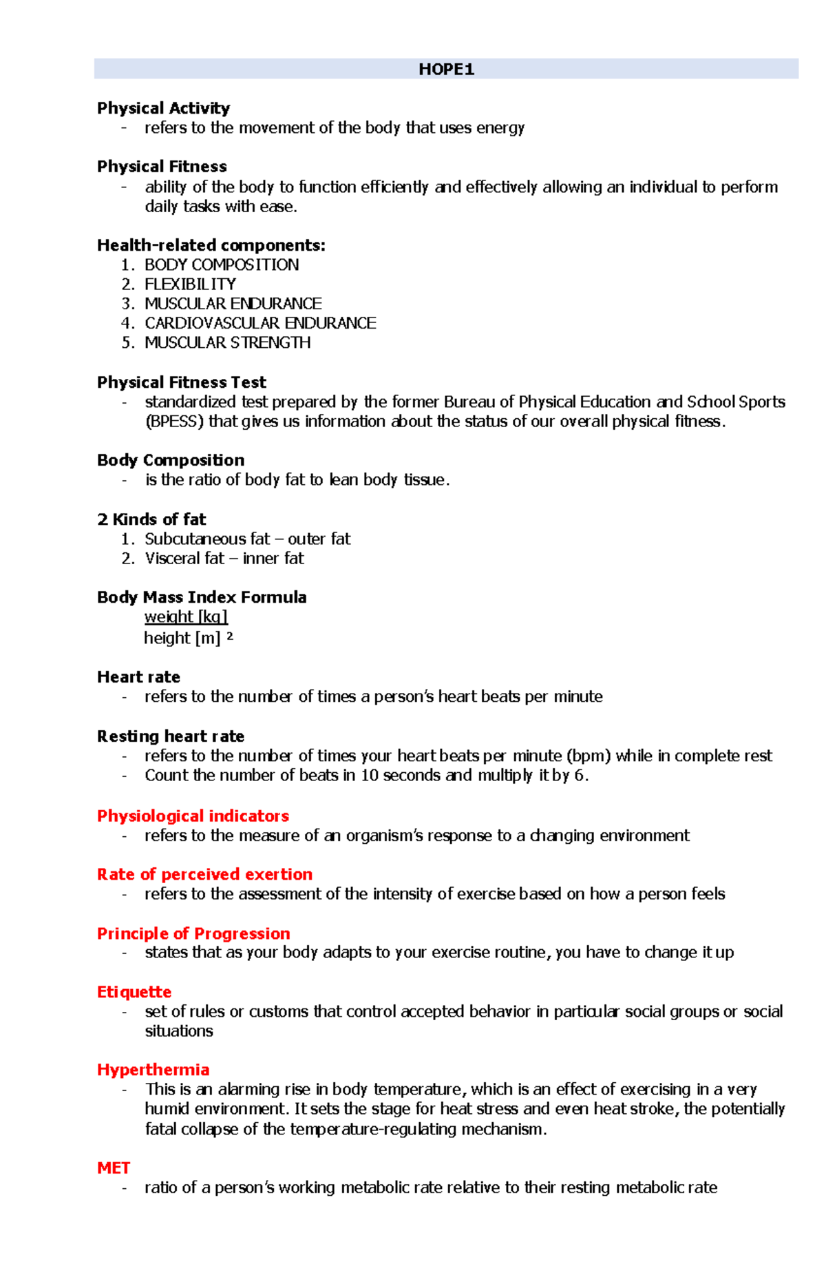 HOPE-Reviewer - HOPE REVIEWER - HOPE1 Physical Activity refers to the ...