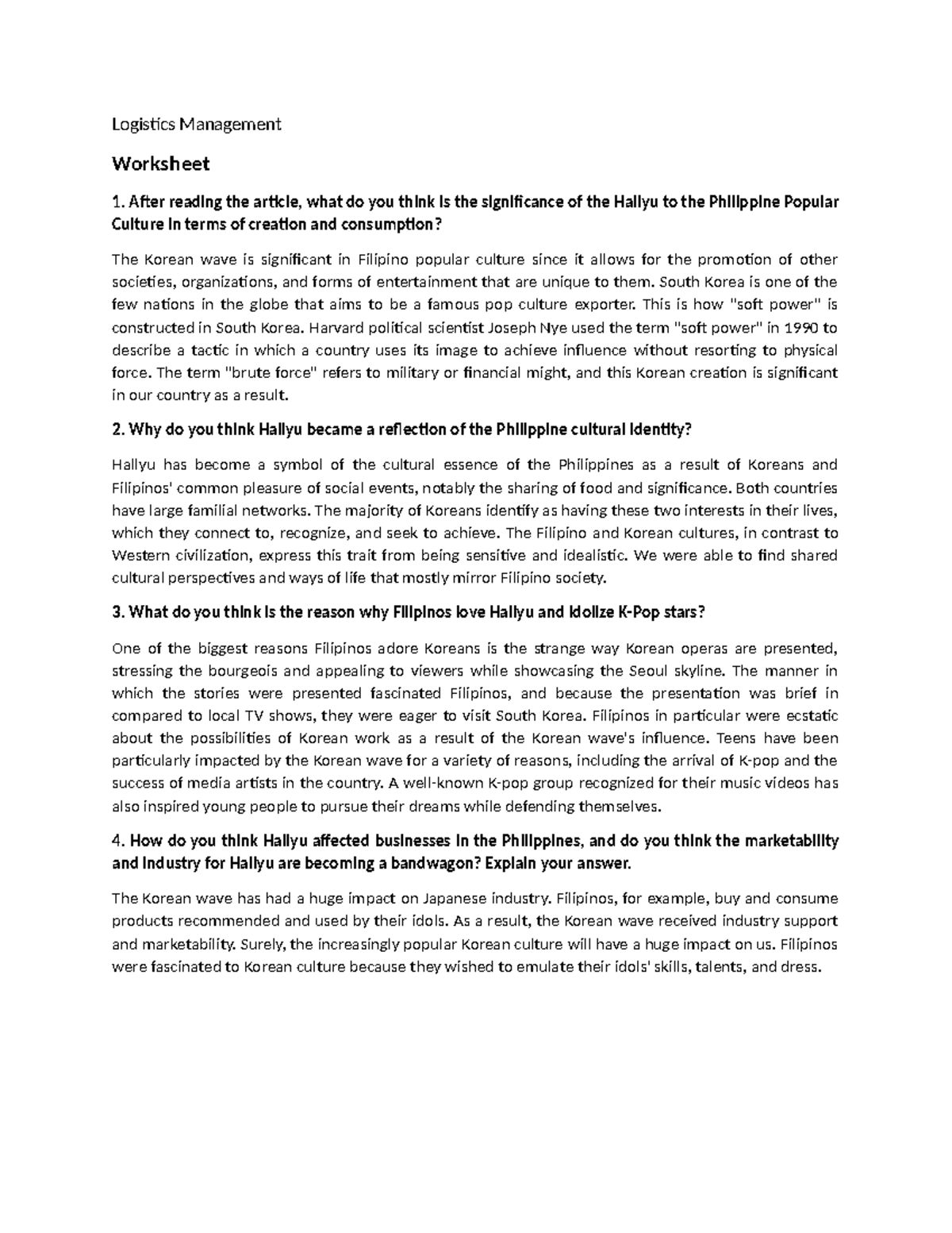 Ppc04Worksheet 4 - goodluck guys. - Logistics Management Worksheet 1 ...