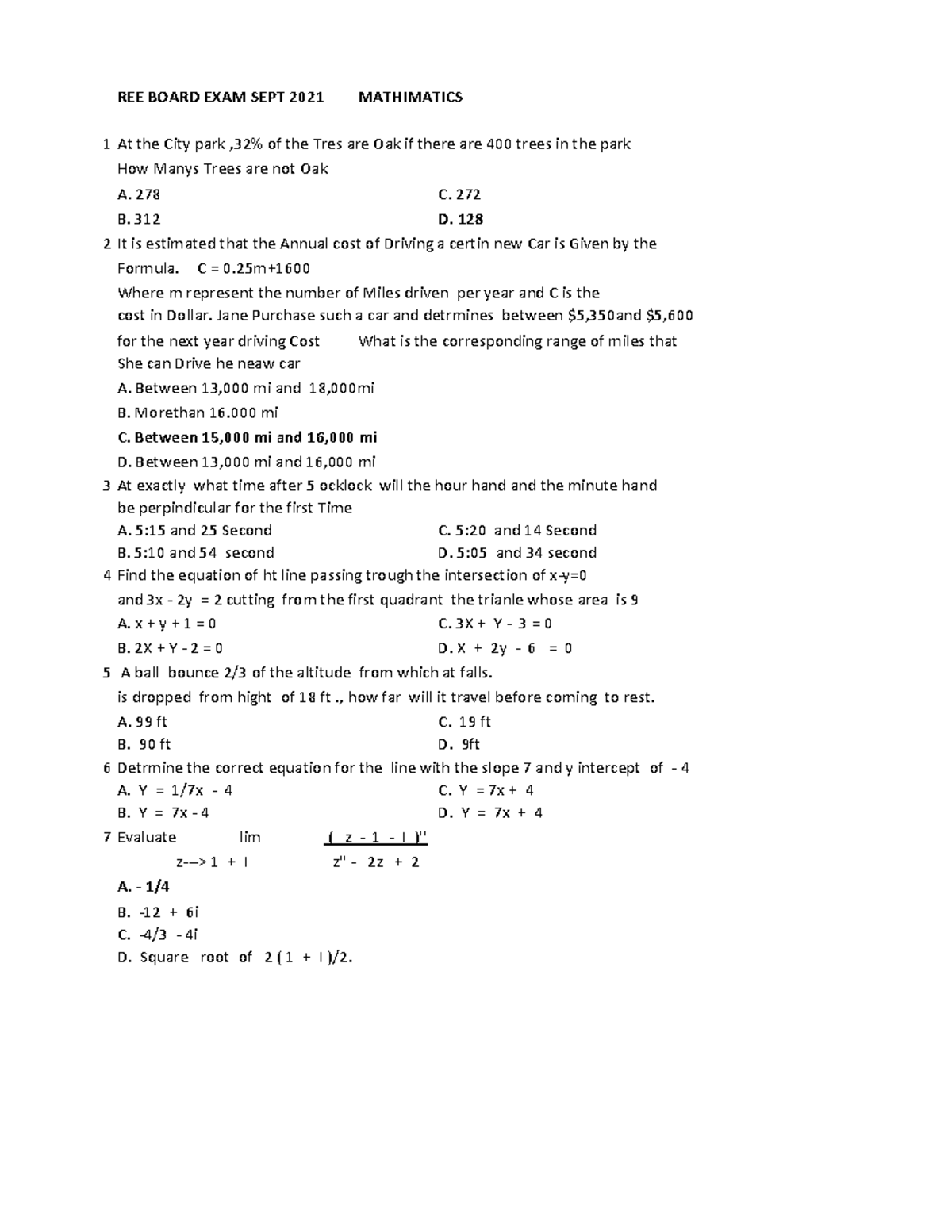 EE Board EXAM SEPT 2021 - Copy - REE BOARD EXAM SEPT 2021 MATHIMATICS 1 ...