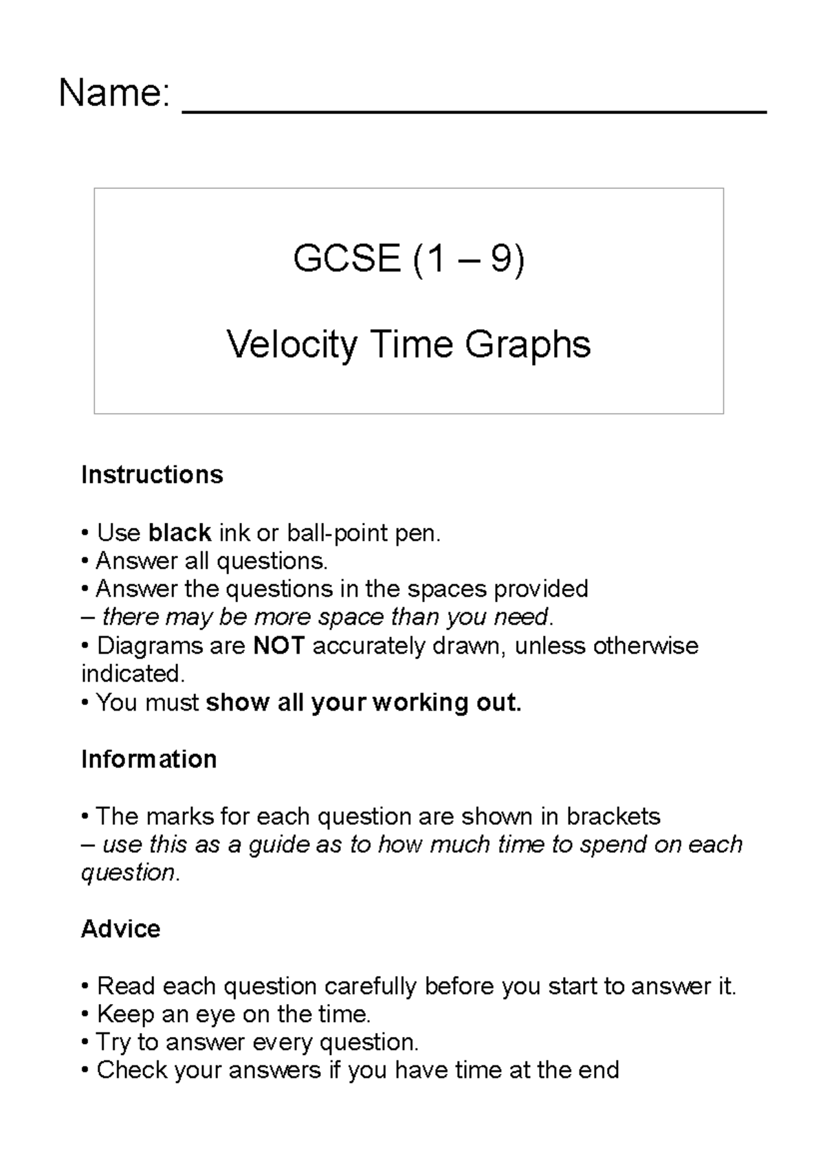 Velocitytimegraphs - Use it to practice to v-t graphs - GCSE (1 – 9 ...