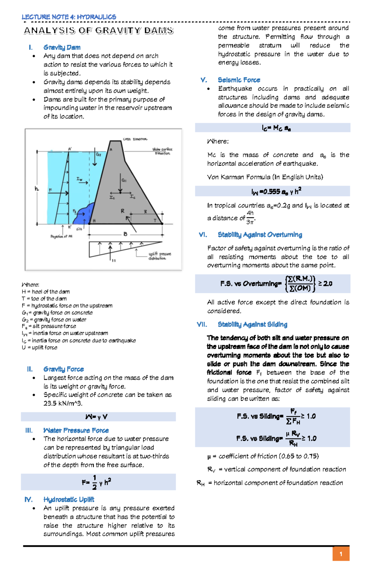 Hydraulics Lecture Notes 4 Analysis of Gravity Dams LECTURE NOTE 4