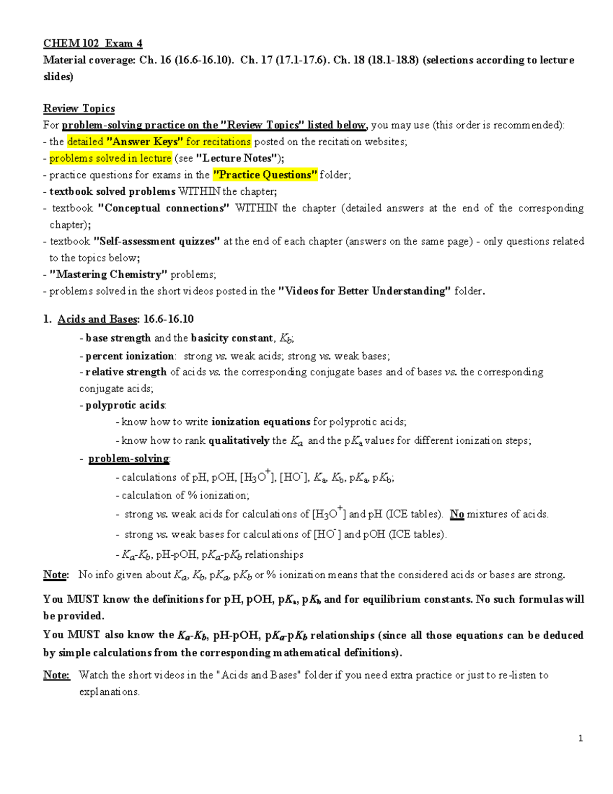 Review Topics CHEM 102 W23 Exam IV - 1 CHEM 102 Exam 4 Material ...