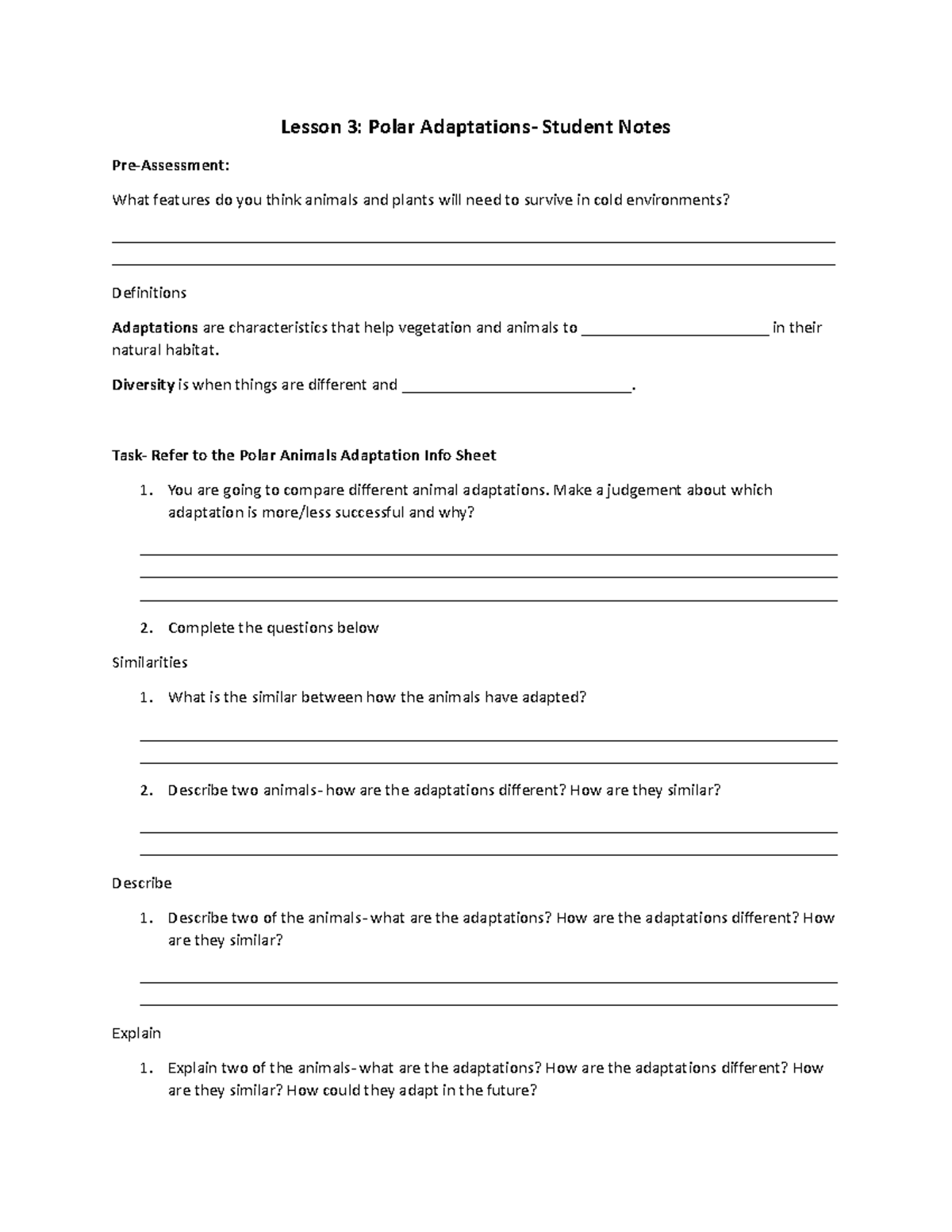 Lesson 3 Polar Adaptations Notes- Student - Diversity is when things are  different and - Studocu