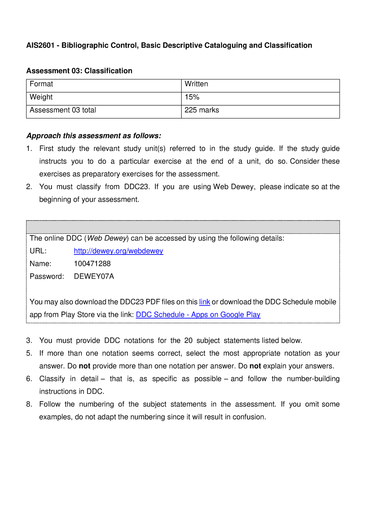 Assessment 03 2023 - AIS2601 - Bibliographic Control, Basic Descriptive ...