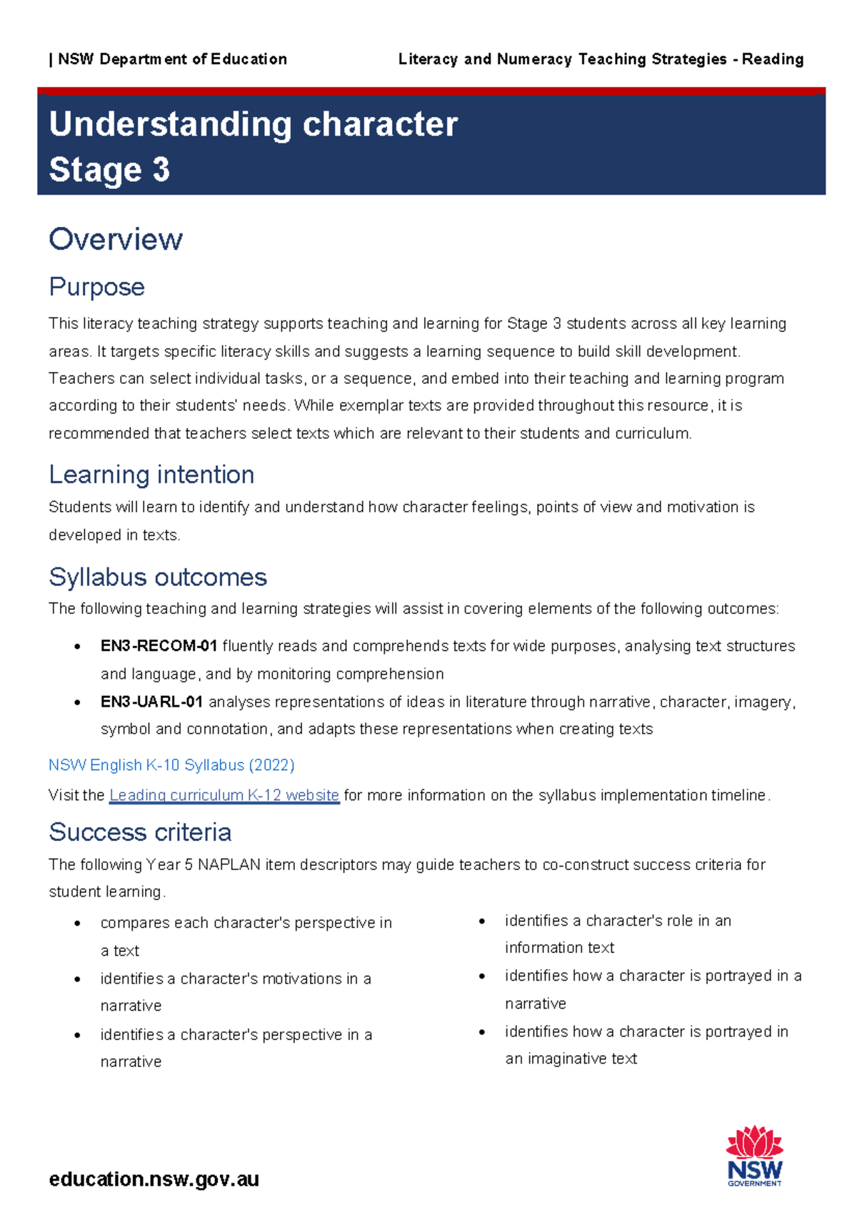 S3-reading-characterisation - | NSW Department of Education Literacy ...