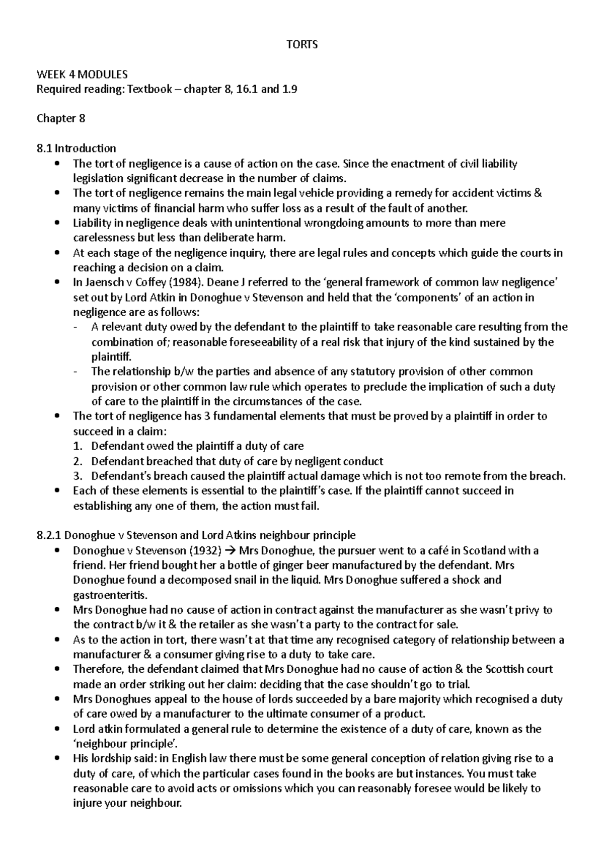 Torts law week 4 notes - TORTS WEEK 4 MODULES Required reading ...
