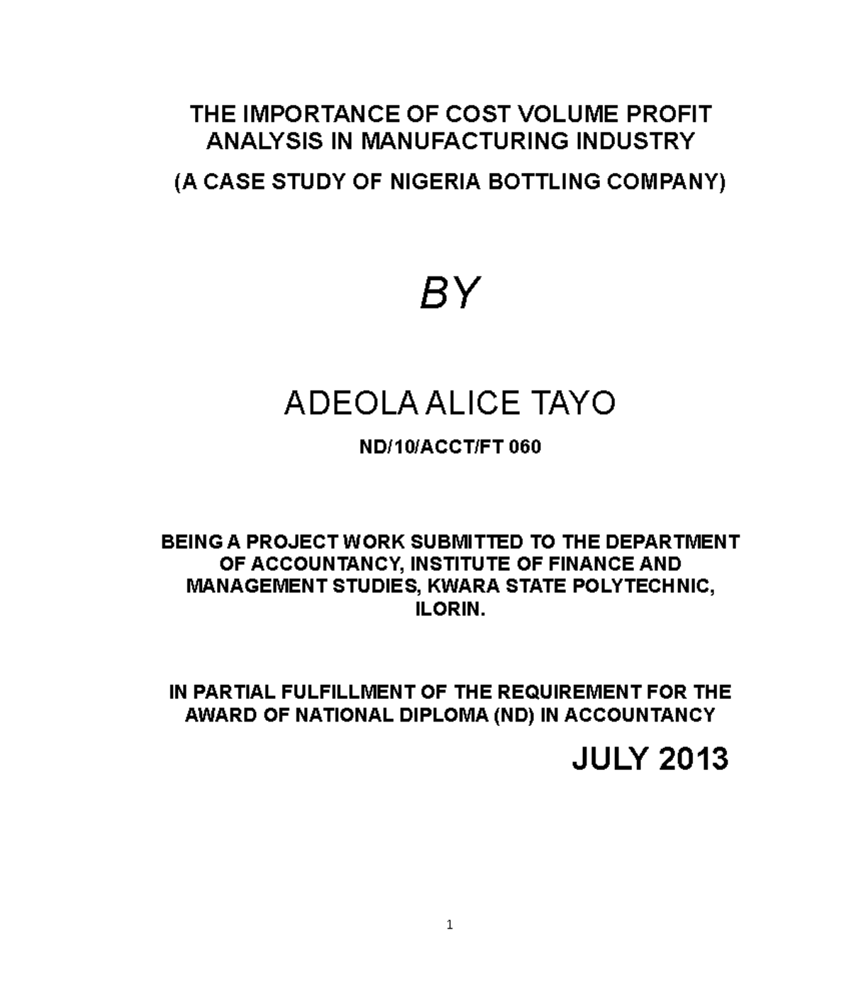 cost volume profit analysis case study