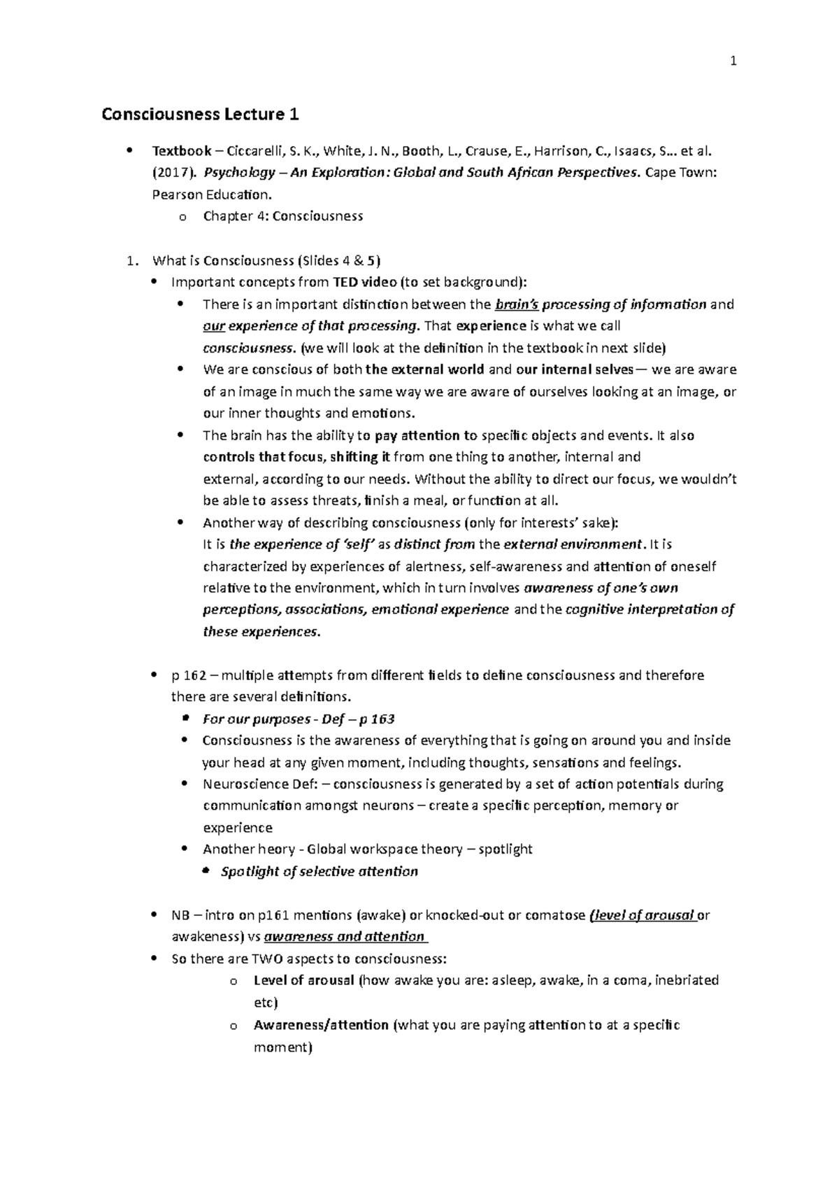 Consciousness Lecture 1 Notes - Consciousness Lecture 1  Textbook –  Ciccarelli, S. K., White, J. - Studocu