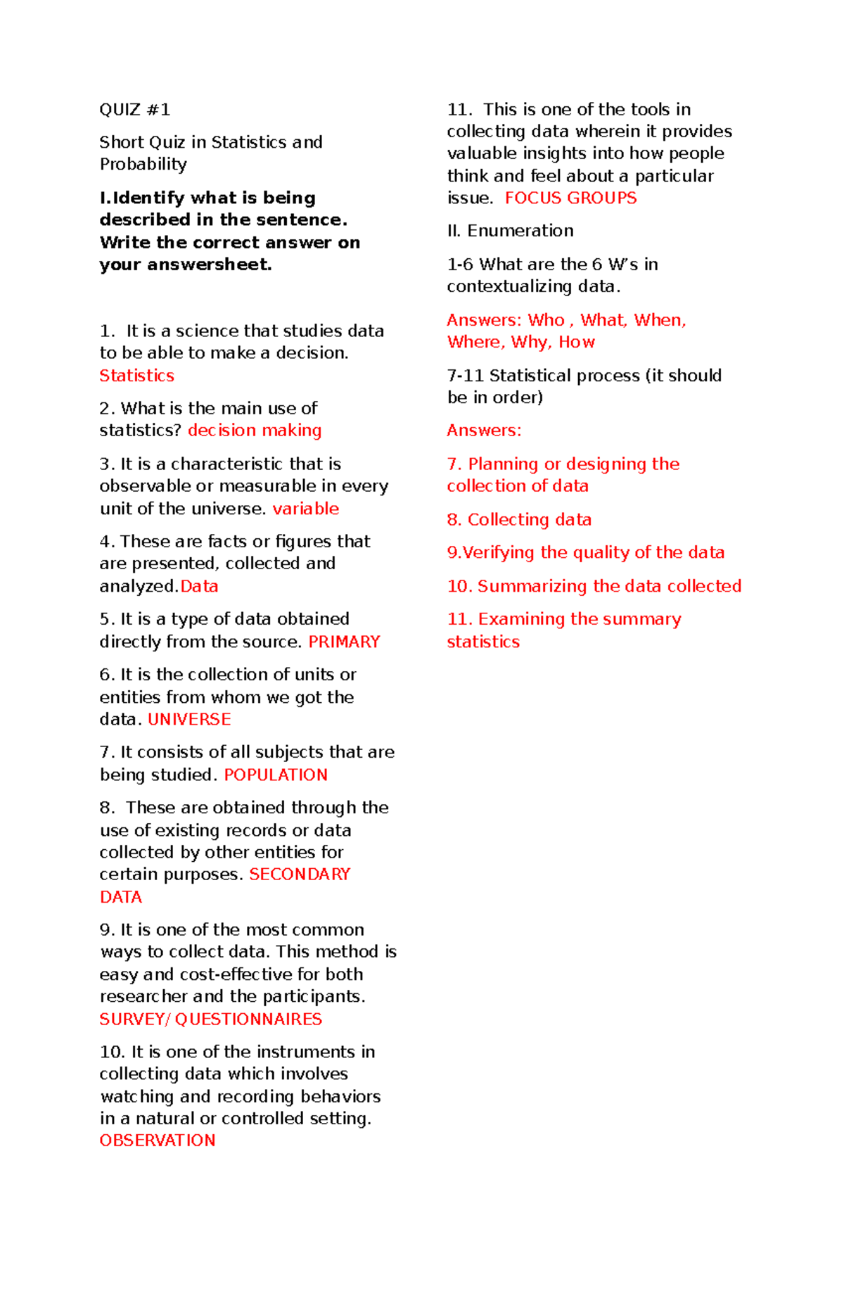 Quiz 1 stats - Simple quiz in statistics and probability - QUIZ Short ...