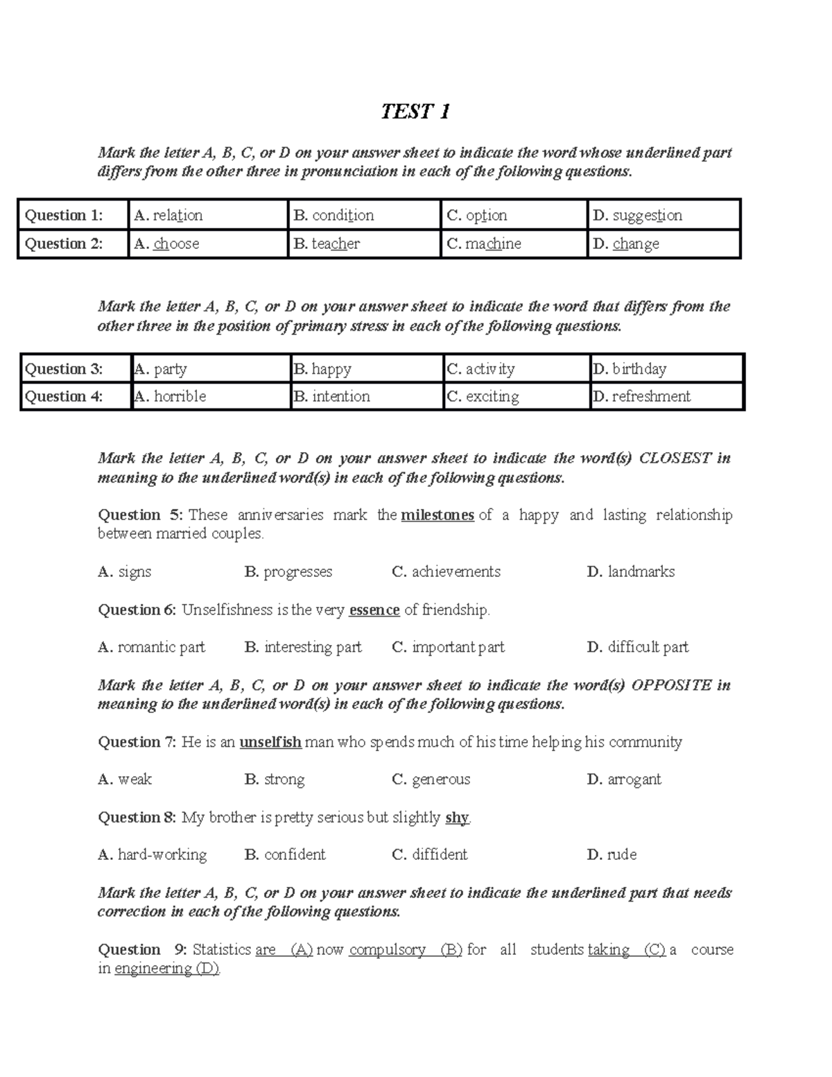 HK1 LOP 11 - It Is Good For Practice - TEST 1 Mark The Letter A, B, C ...