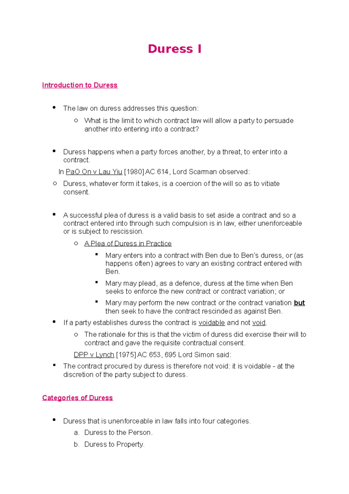 Duress I Duress I Introduction to Duress The law on duress addresses