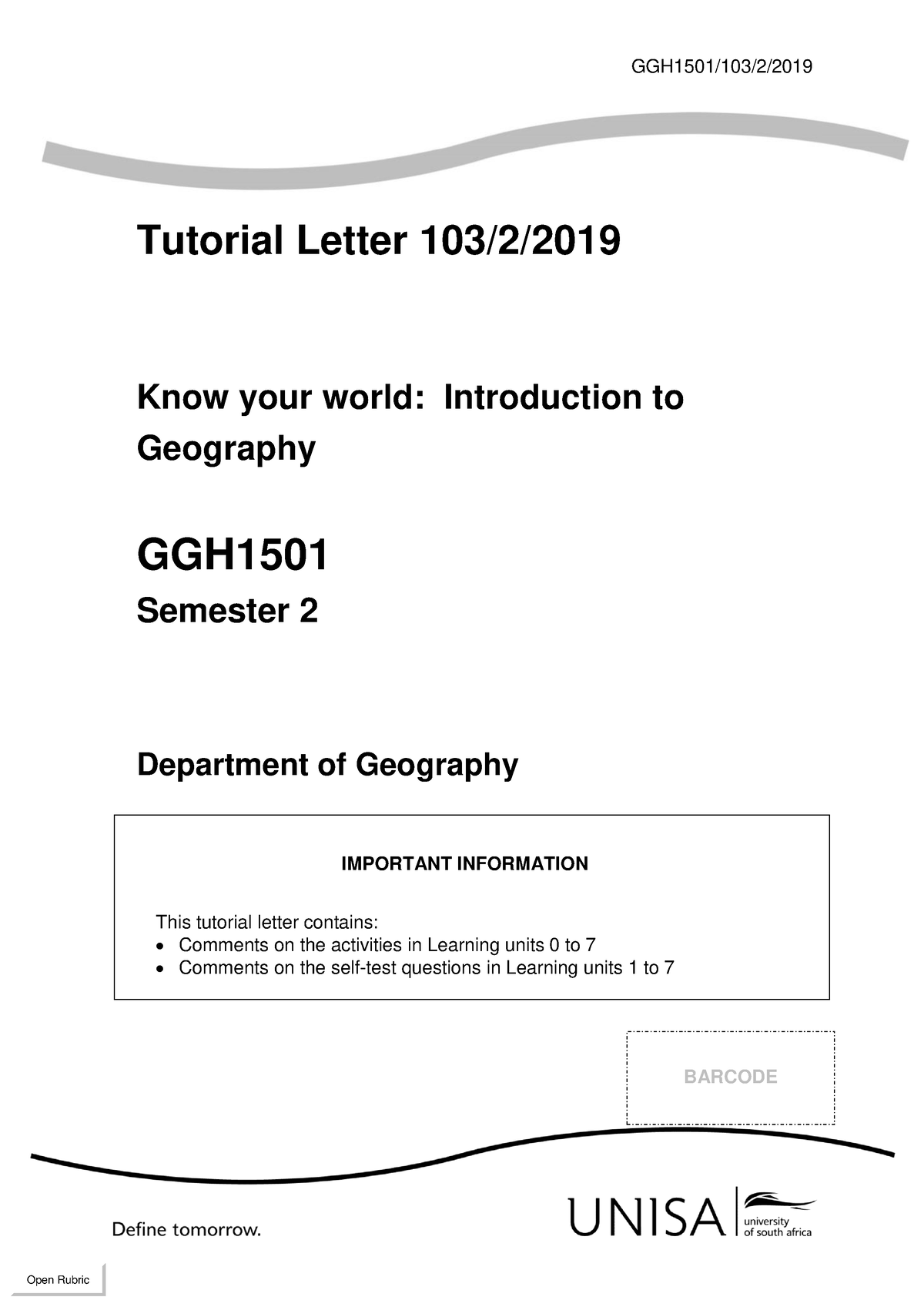 GGH1501 2019 TL 103 2 B - notes - GGH1501/103/2/ Tutorial Letter 103/2 ...
