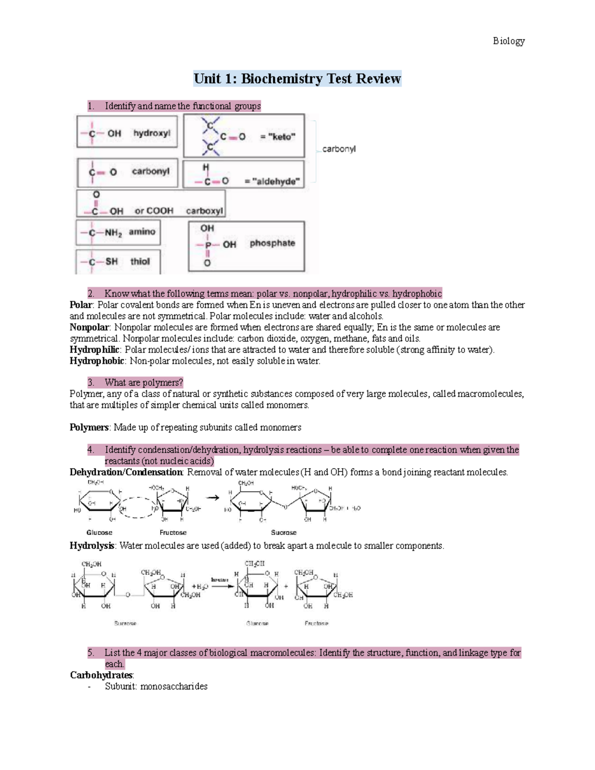 Biochemistry Unit 1 Test Review - Unit 1: Biochemistry Test Review ...