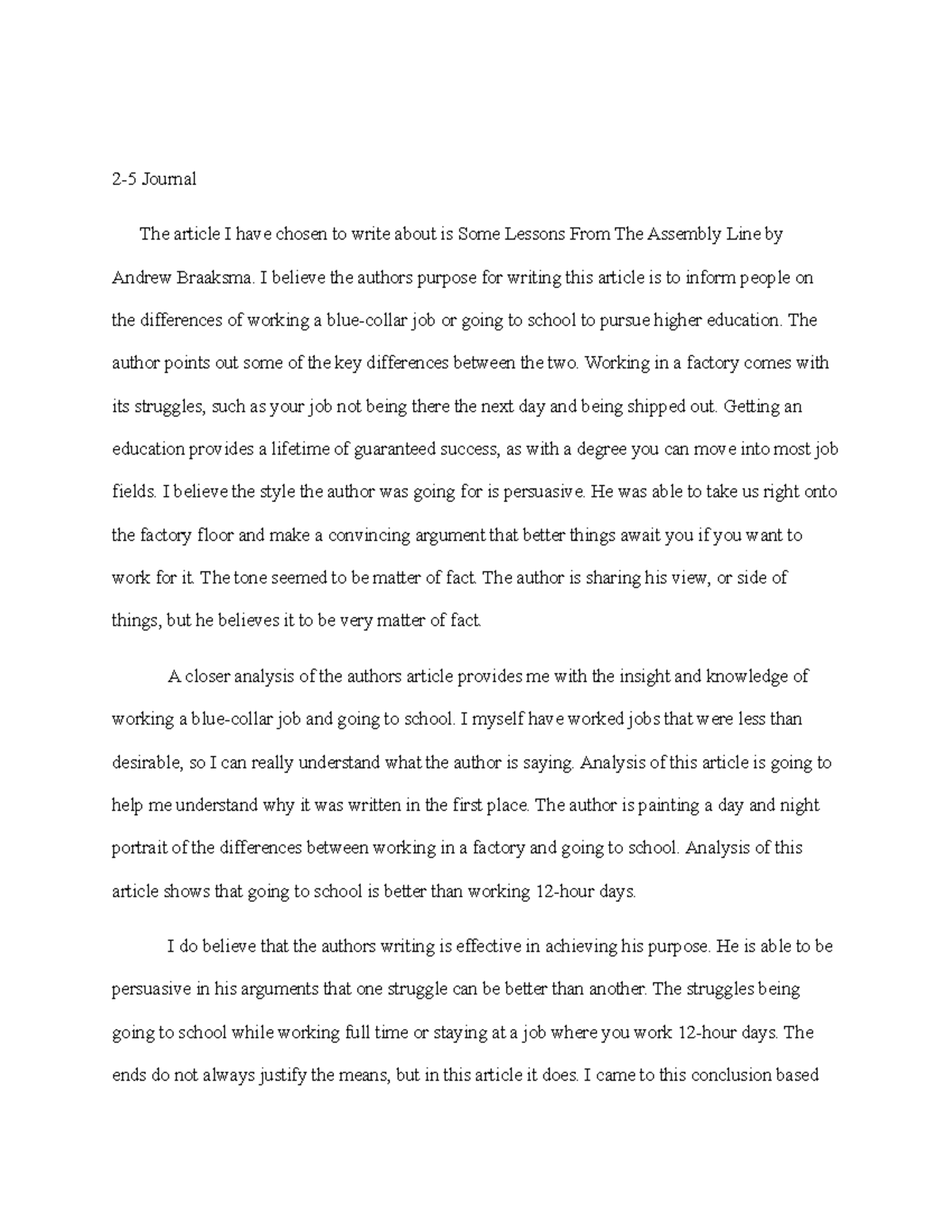 2-5 Journal - writing assignment - 2-5 Journal The article I have ...