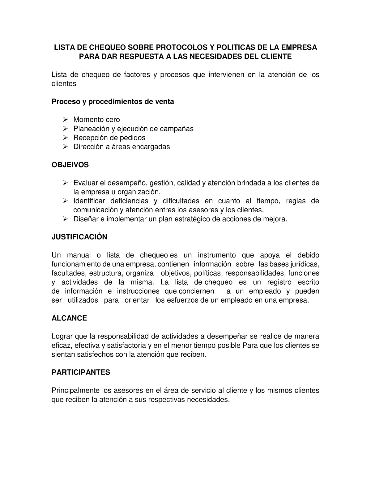 Lista De Chequeo Sobre Protocolos Y Politicas De La Empresa Para Dar