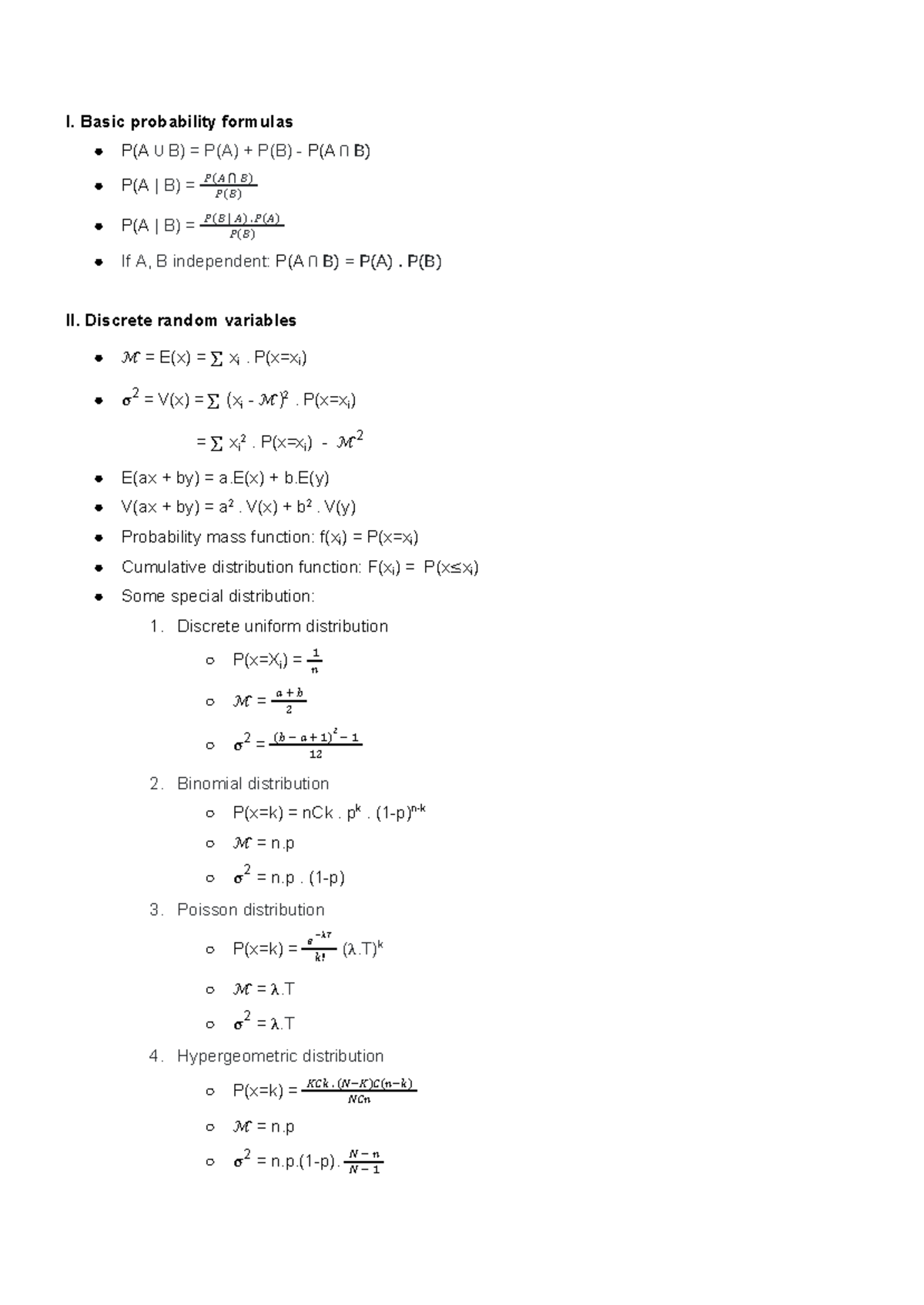 Summary-MAS291-1 - I. Basic probability formulas P(A ⋃ B) = P(A) + P(B ...