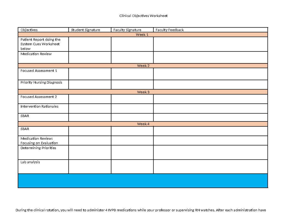 Clinical Objectives Worksheet - Clinical Objectives Worksheet ...