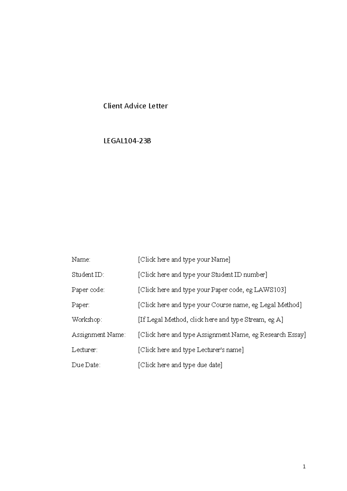 Client Advice Letter/Memo template - Client Advice Letter LEGAL104-23B ...