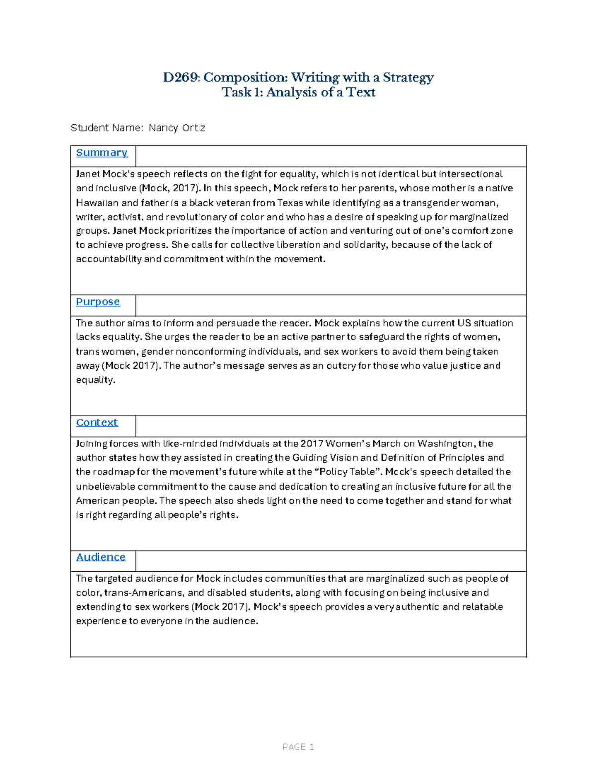 D269 Task 1 ANALYSIS OF A TEXT - D269: Composition: Writing with a ...
