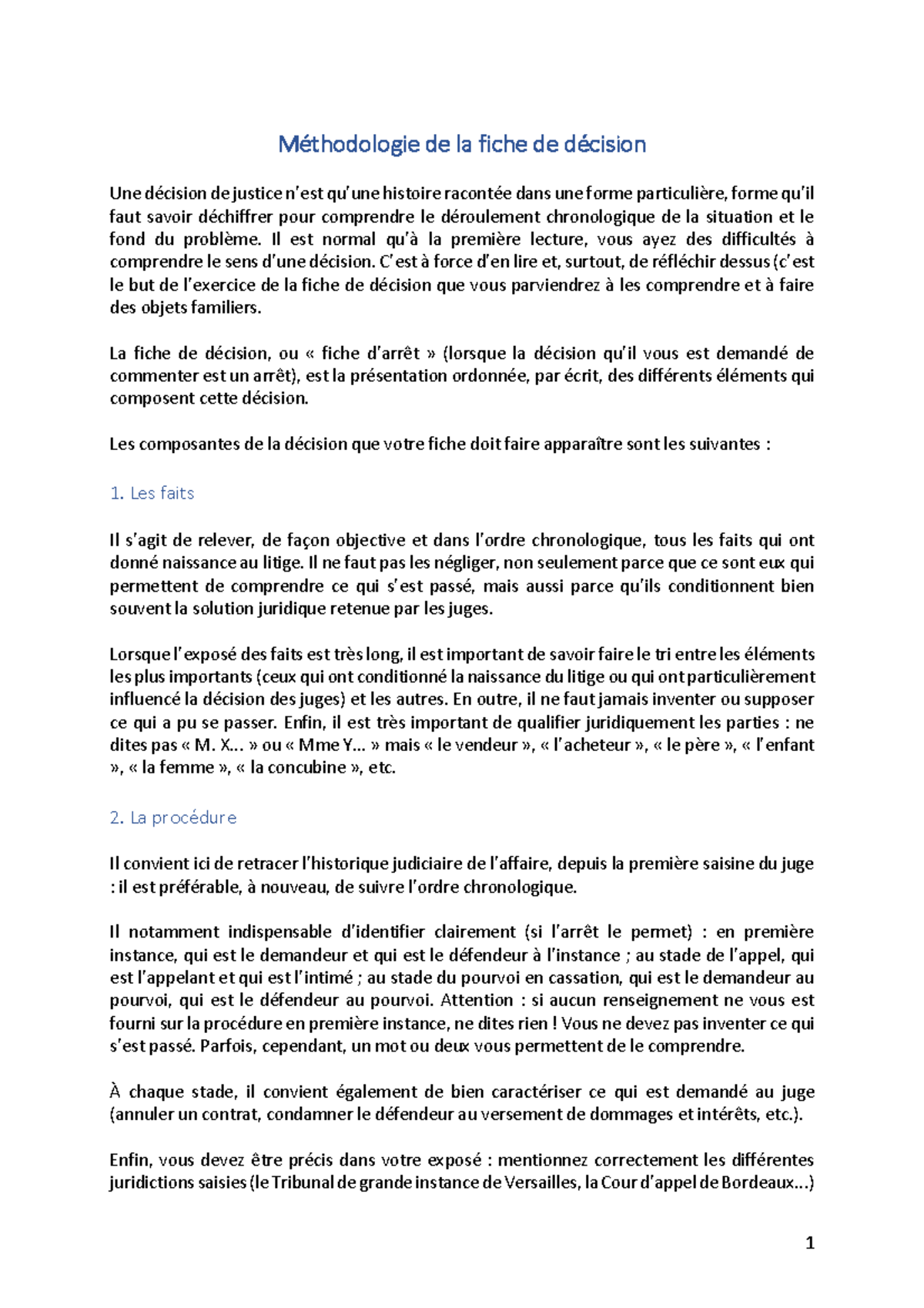 Méthodologie de la fiche de décision Méthodologie de la fiche de