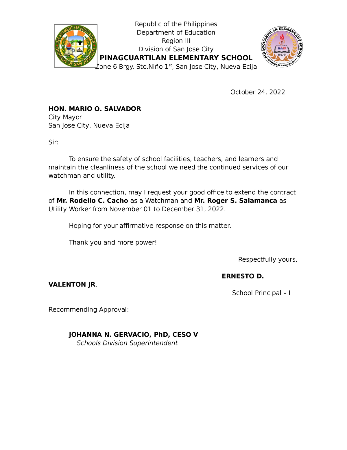 Letter of watchman continue service 2022 - Republic of the Philippines ...