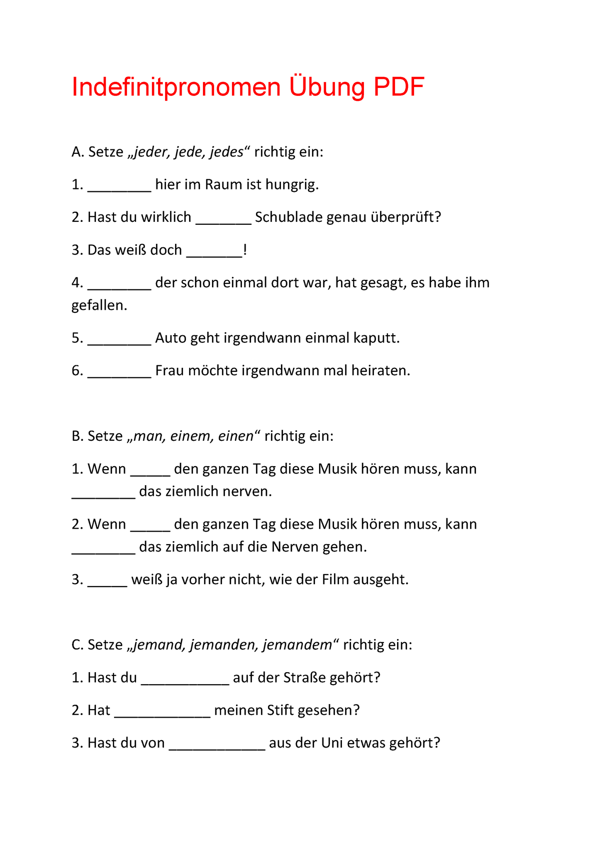 Indefinitpronomen Bung Pdf Setze Jeder Jede Jedes Richtig Ein Hier Im Raum