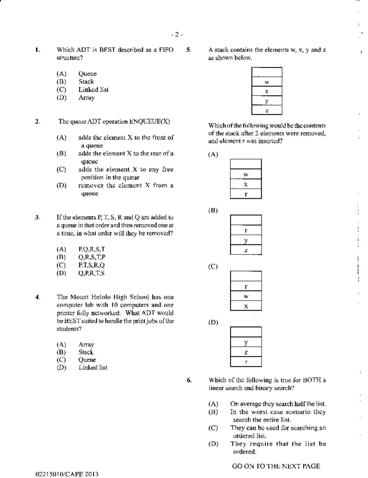 Comp Sci U2 P1 2013 - GAPE Computer Science Unit 2 Multiple Choice ...