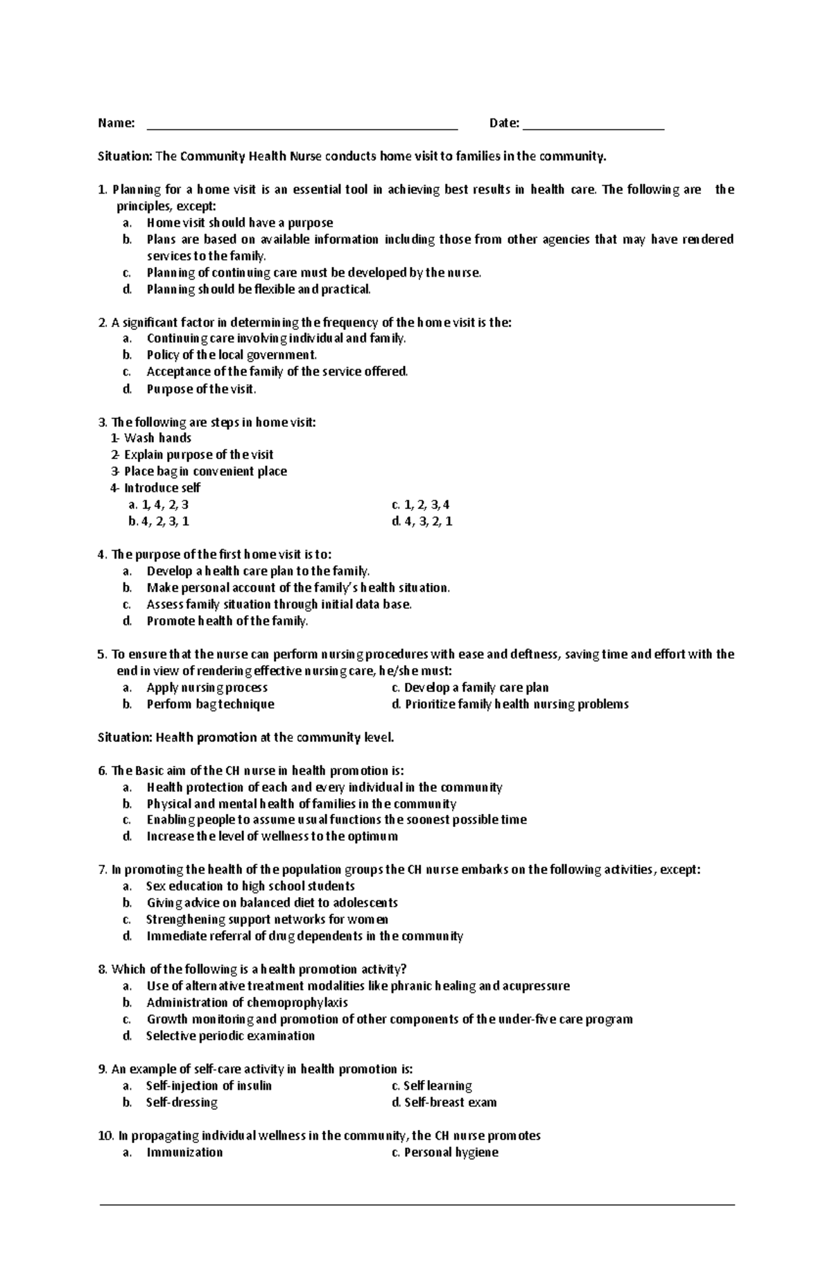 Community Health Nursing Practice Test Bachelor of Science in Nursing