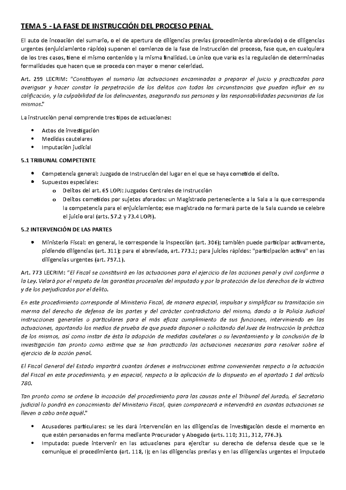 TEMA 5 Procesal - TEMA 5 - LA FASE DE INSTRUCCIÓN DEL PROCESO PENAL El ...