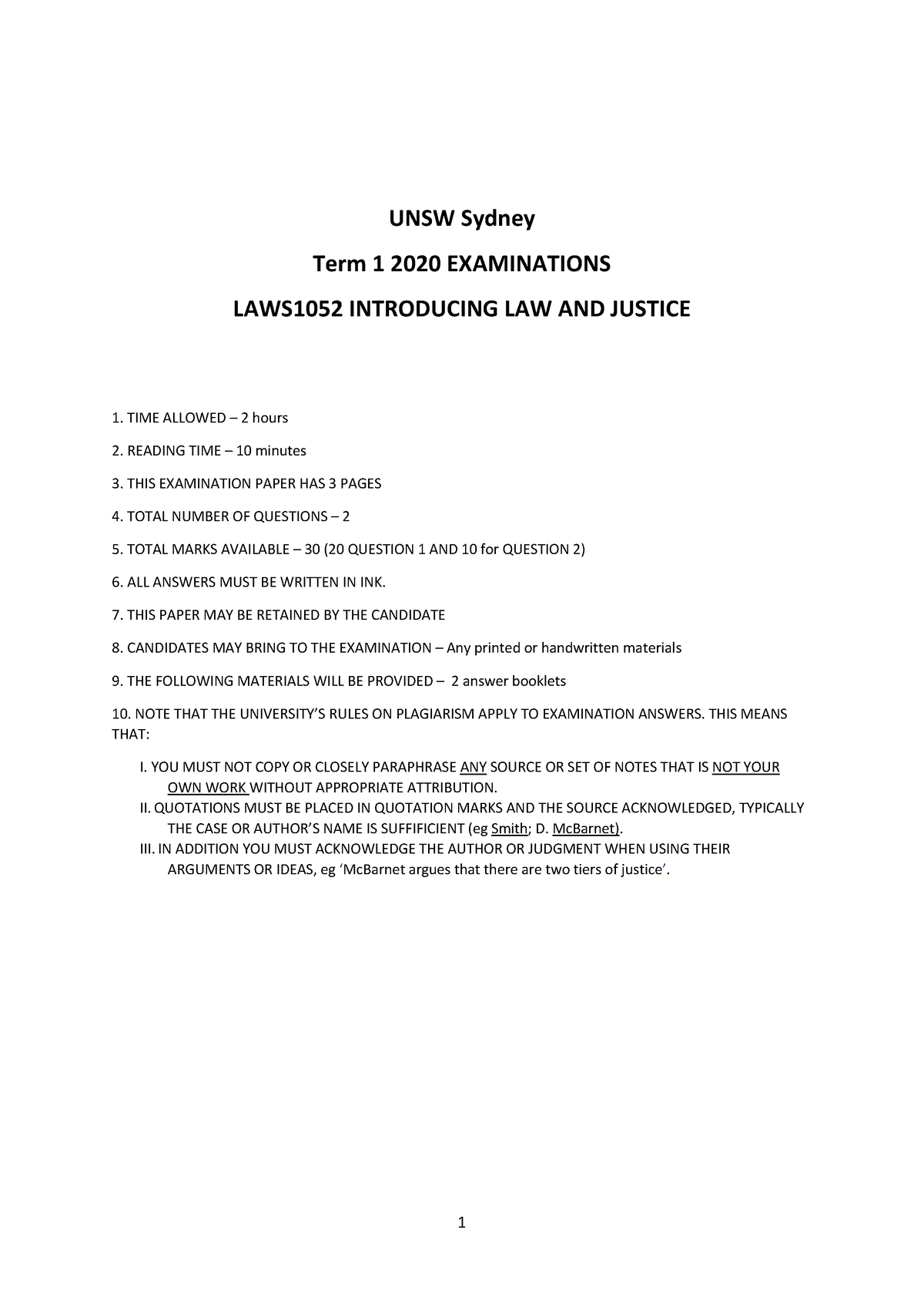 Final Exam Paper (T1 2020) - 1 UNSW Sydney Term 1 2020 EXAMINATIONS ...