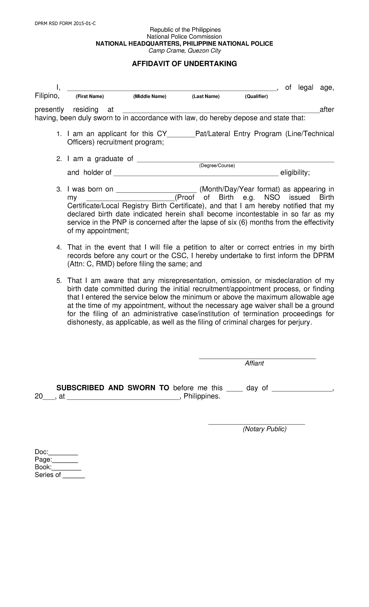 Affidavitsofundertaking - DPRM RSD FORM 2015-01-C Republic of the ...