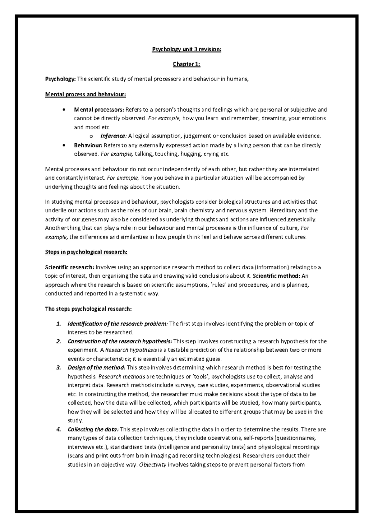 VCE Unit 3/4 Psychology Research Methods Notes Psychology unit 3