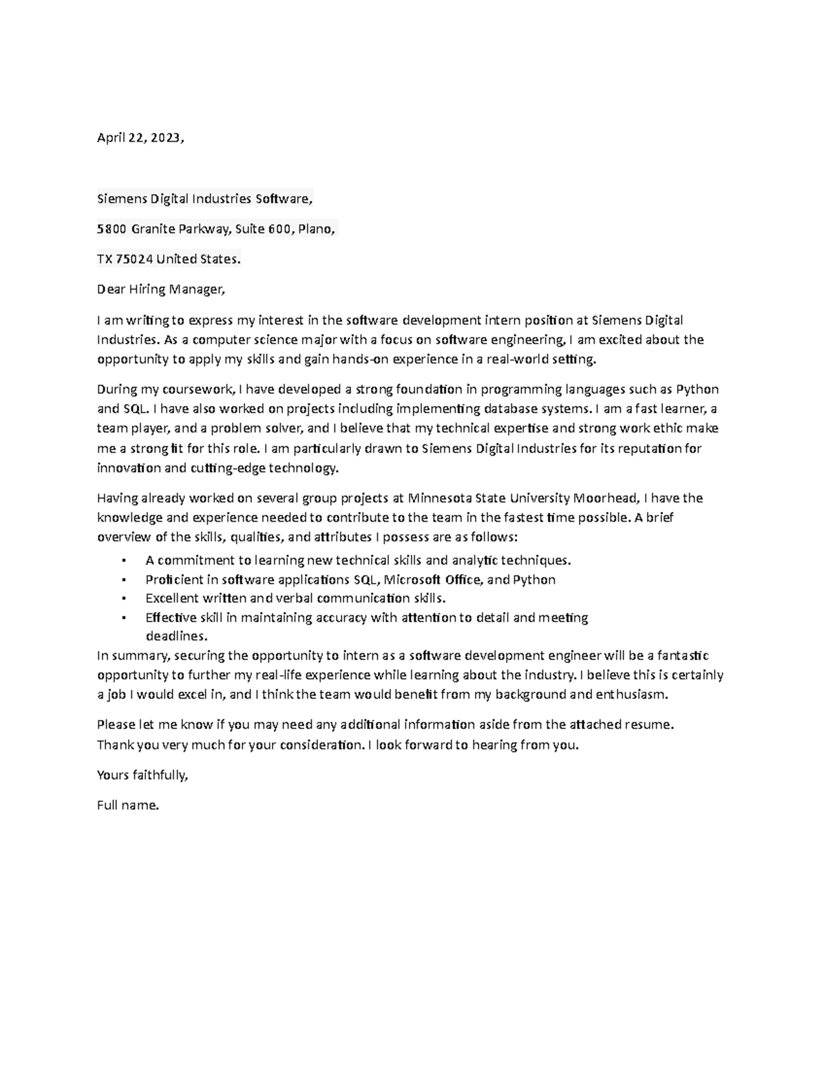 Siemens Digital Cover Letter - April 22, 2023, Siemens Digital ...