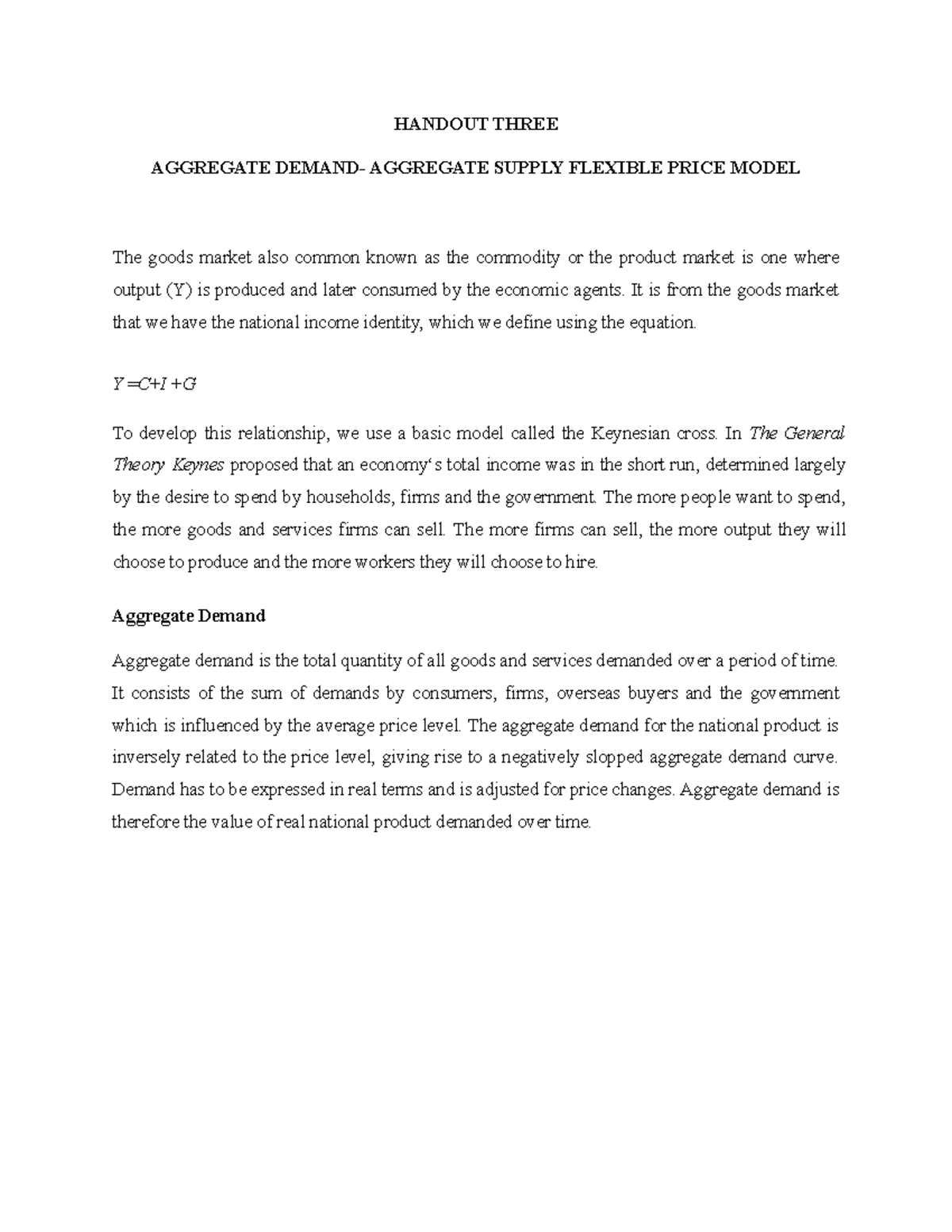 Handout Three AD-AS Model - HANDOUT THREE AGGREGATE DEMAND- AGGREGATE ...