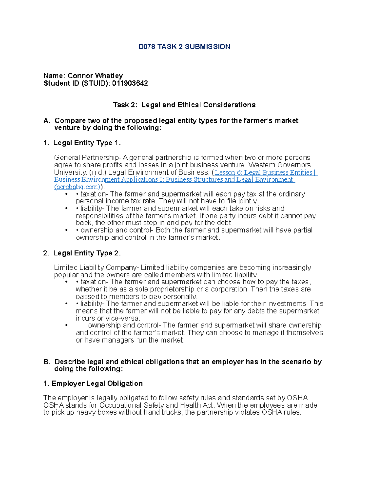 Connor Whatley D078 Task 2 - D078 TASK 2 SUBMISSION Name: Connor ...