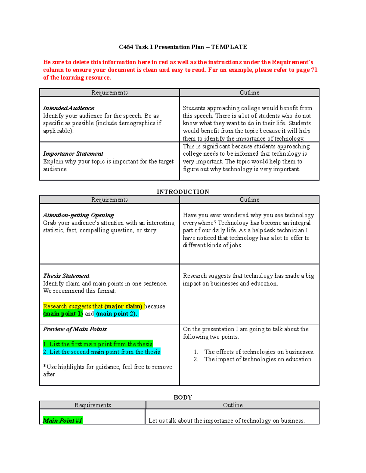 Task 1 presentation - C464 Task 1 Presentation Plan – TEMPLATE Be sure ...