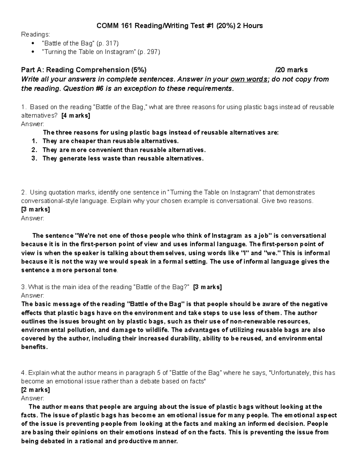 Balltle of the Bag Reading Test 2022 COMM 161 Reading/Writing Test 1