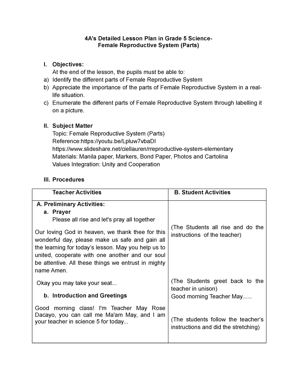 Detailed Lesson Plan Final 4as Detailed Lesson Plan In Grade 5 Science Female Reproductive 5638
