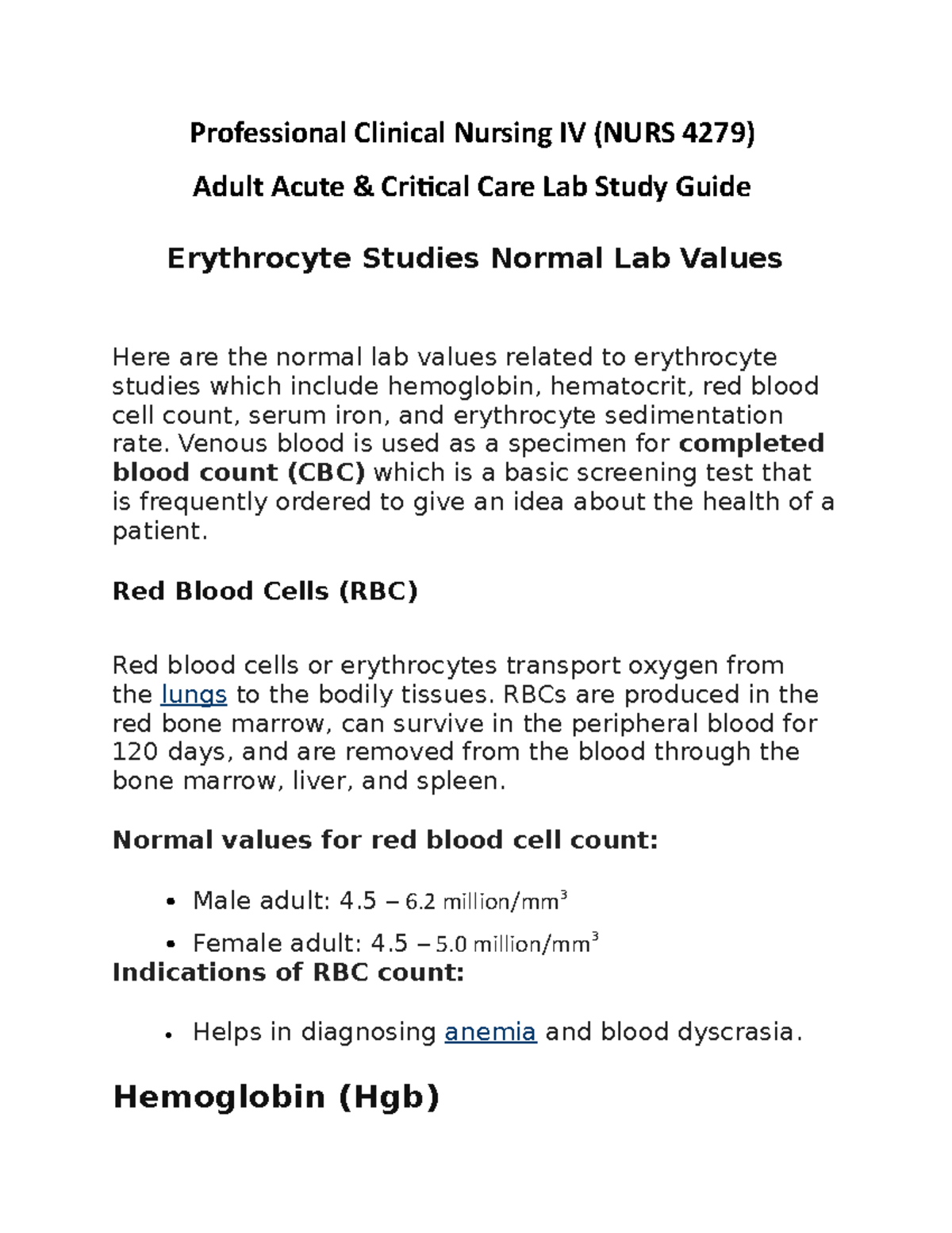 Adult Critical Care Lab study guide (CSU) Professional Clinical