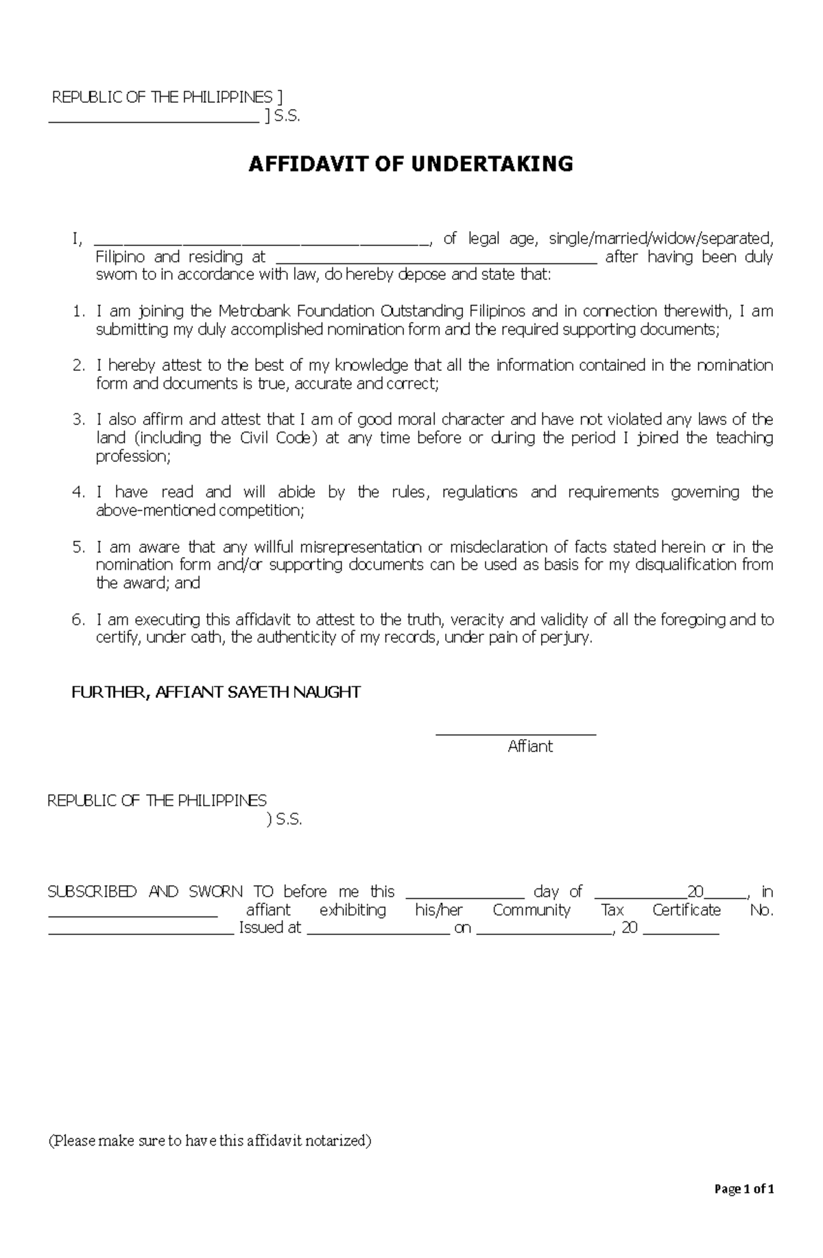 AffidavitofUndertaking REPUBLIC OF THE PHILIPPINES