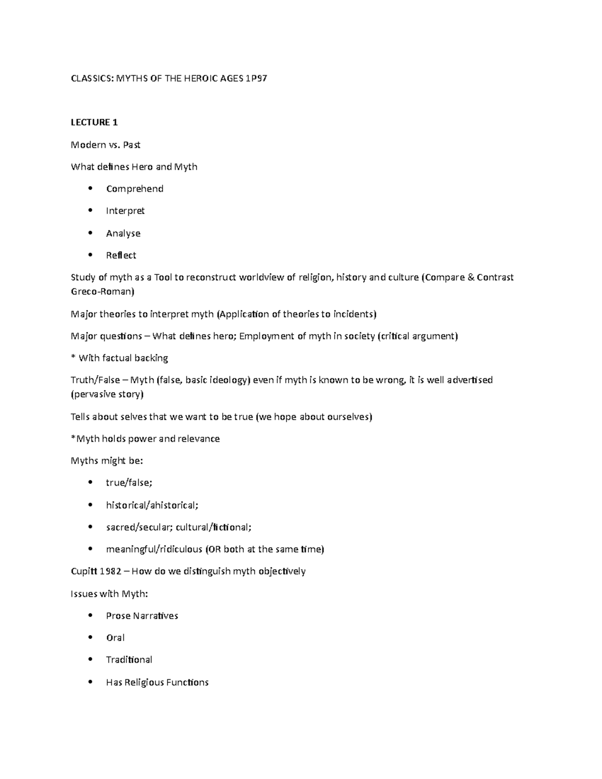 Lecture 0 - CLASSICS: MYTHS OF THE HEROIC AGES 1P LECTURE 1 Modern vs ...