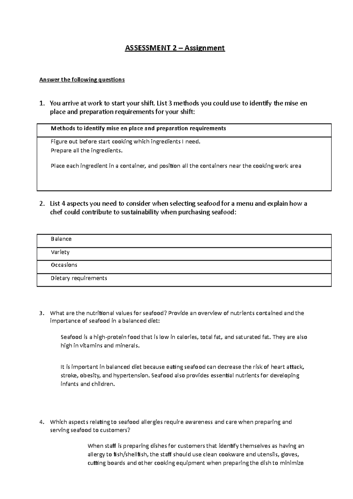 Assessment 2 Questions ONLY Sithccc 013 Prepare seafood dishes