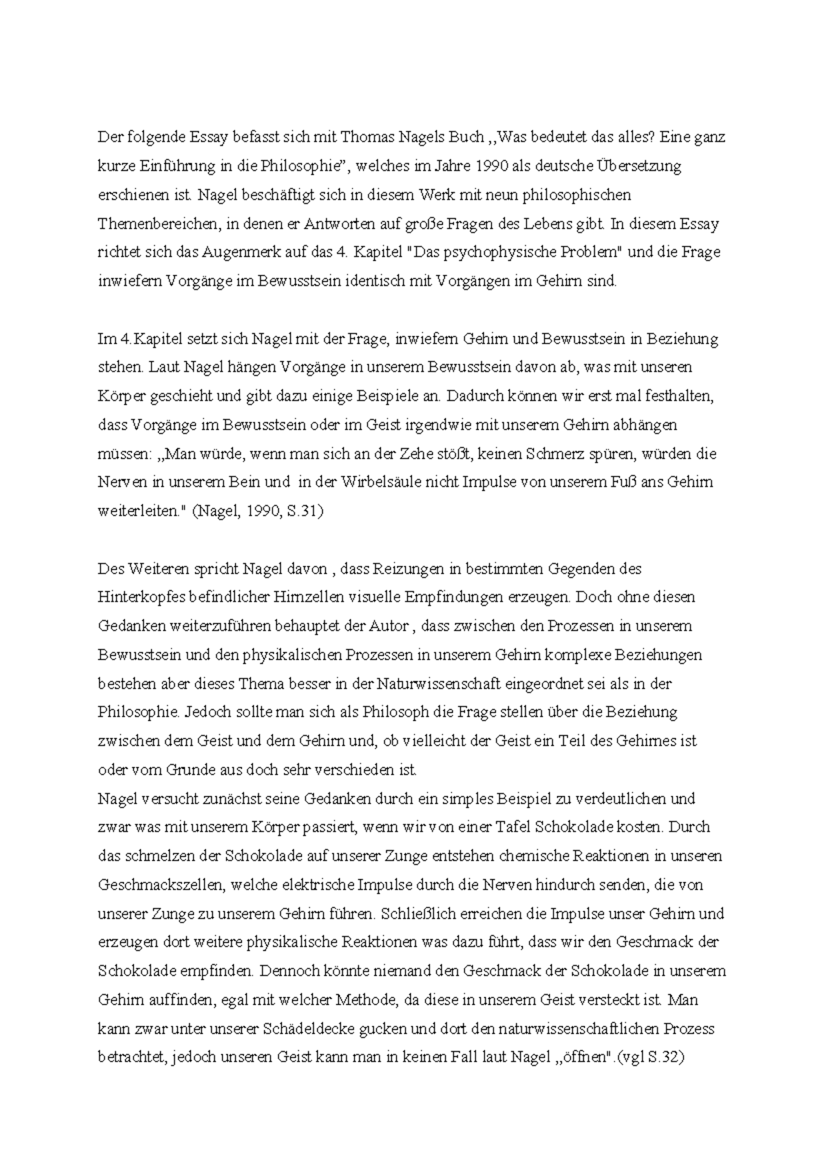 Thomas Nagel ,,was bedeutet das alles''? - Der folgende Essay befasst