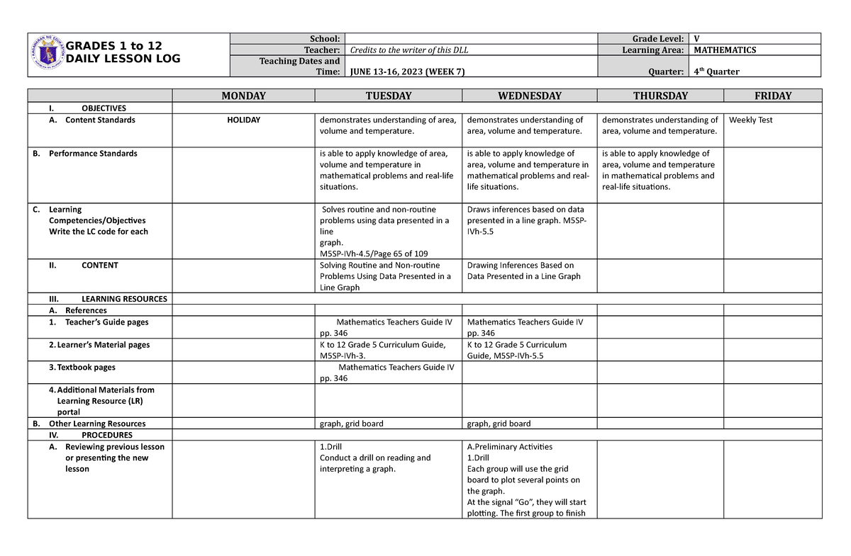 Grade 5 DLL MATH 5 Q4 Week 7 - English 4 - DNHS - Studocu