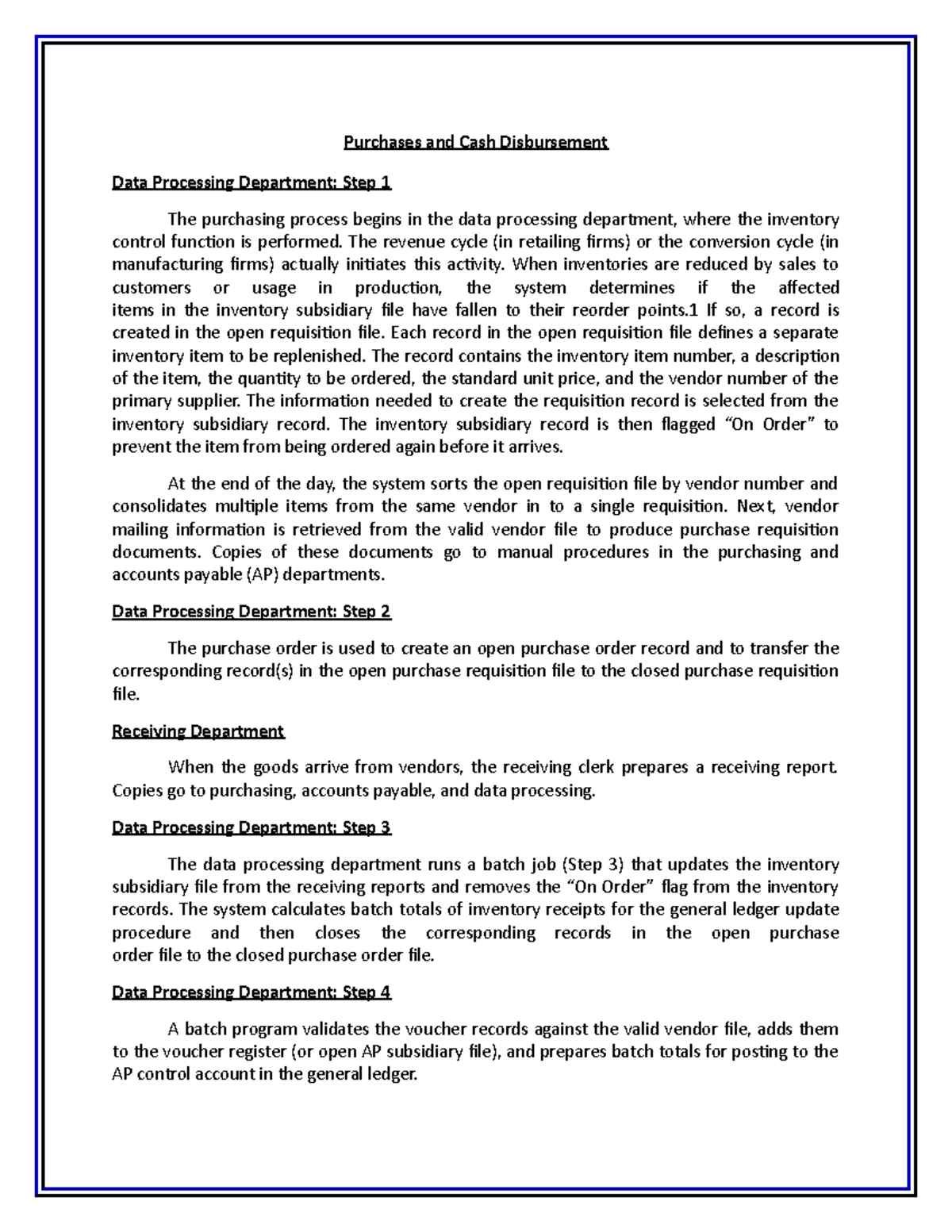 Purchases and Cash Disbursement - The revenue cycle (in retailing firms ...