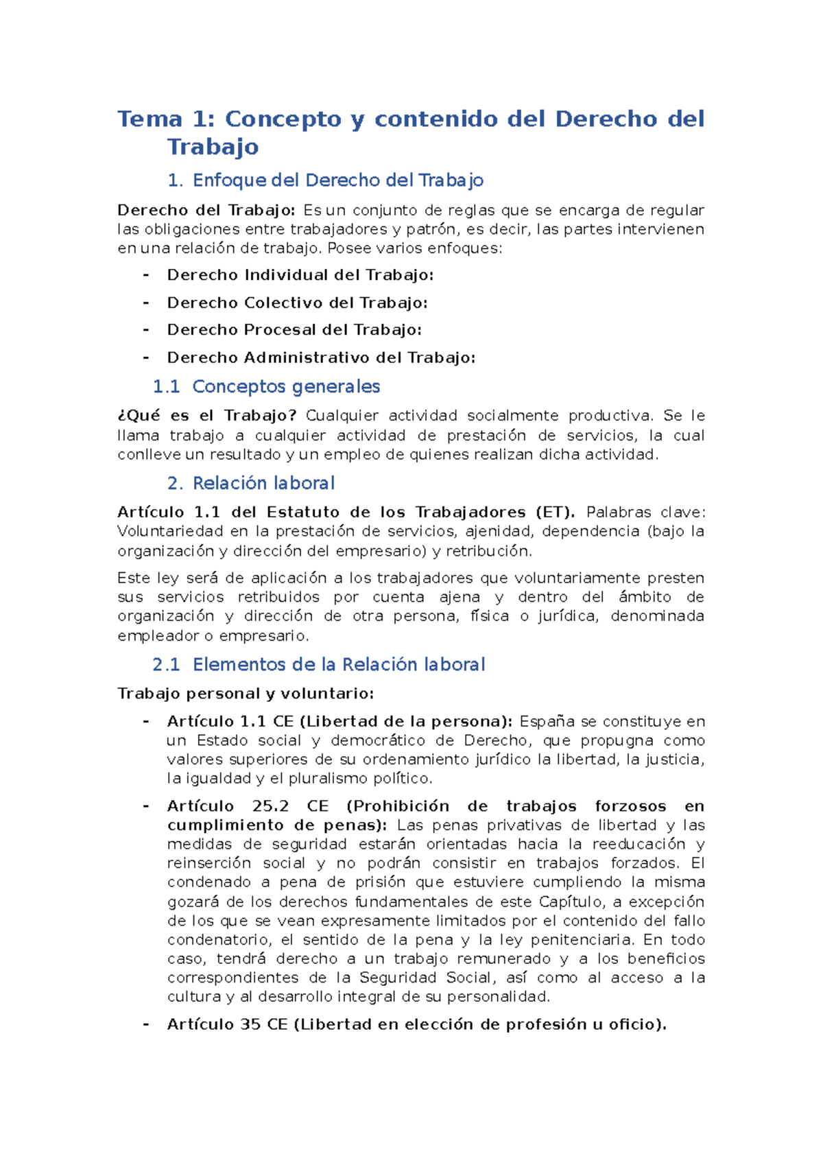 Apuntes Derecho del Trabajo y la Seguridad Social - Tema 1: Concepto y ...