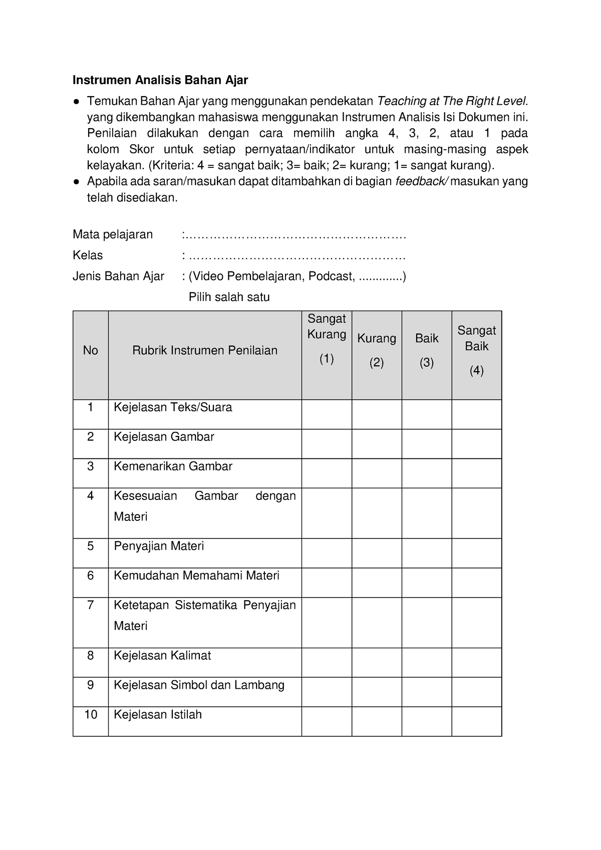 Instrumen Analisis Bahan Ajar - Yang Dikembangkan Mahasiswa Menggunakan ...