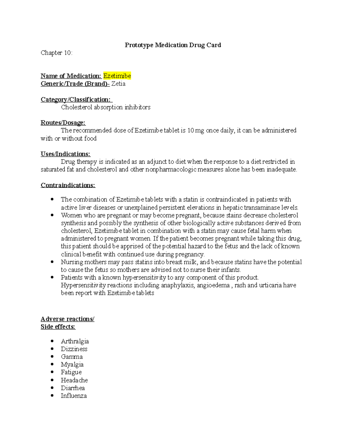 Chapter 10 Prototype Medication Card Prototype Medication Drug Card